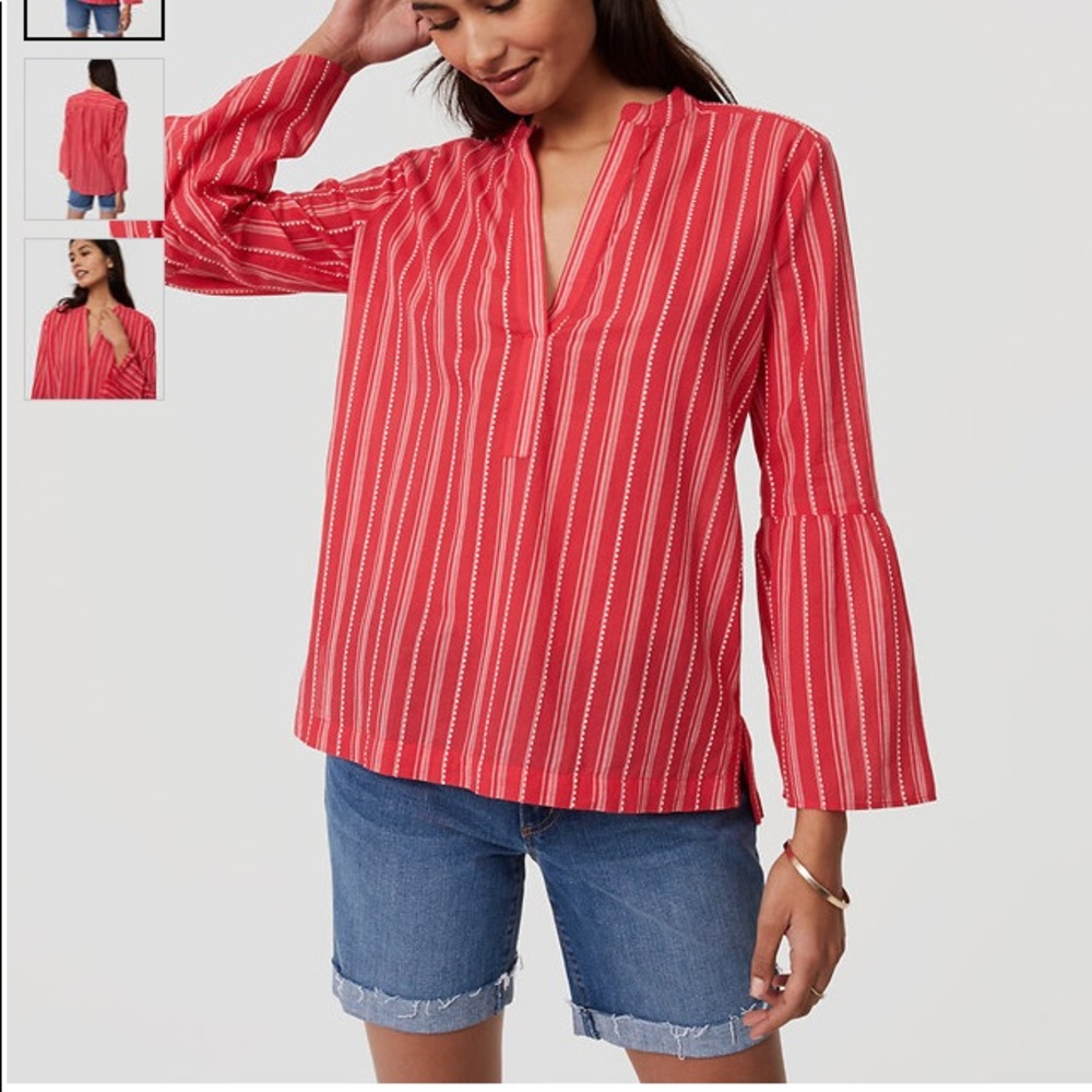 LOFT Red Striped Bell Sleeve Split Neck Cotton Blouse XS